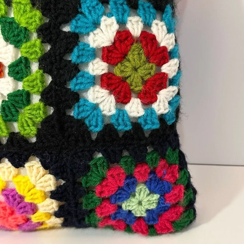 Pillow Crocheted Granny Square Colorful Decoration Black 14”x14”